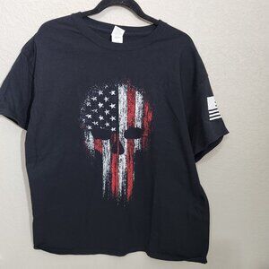 Punisher Skull American Flag Graphic T-Shirt XL Black Gildan Heavy Cotton